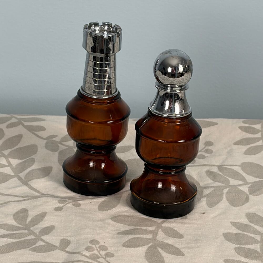 Vintage Avon Chess Piece After Shave Bottles Rook & Pawn Amber Glass Pair 1970s